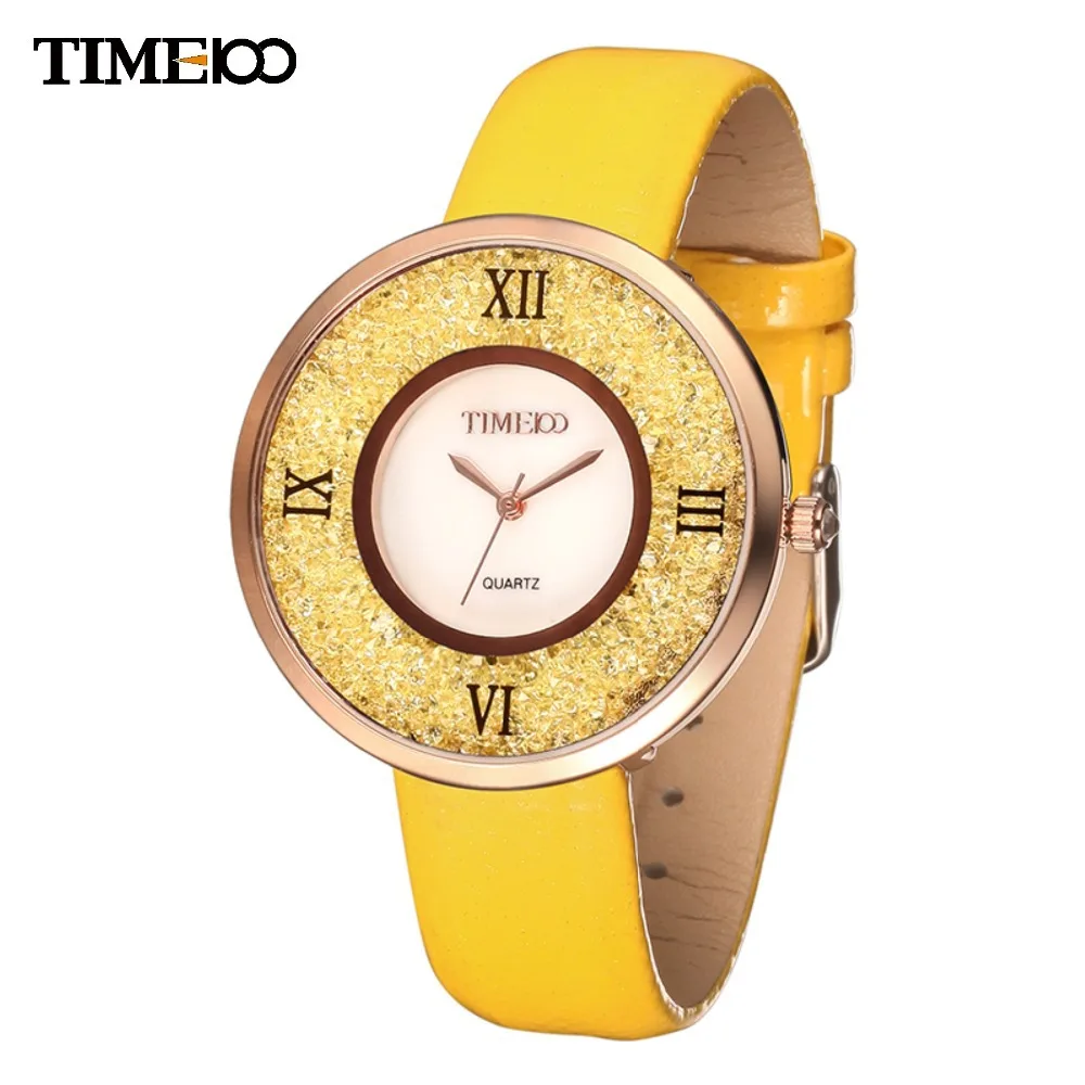 TIME100 Women's Quartz Watches Big Dial Shell Case Yellow Leather Strap Waterproof Ladies Wrist