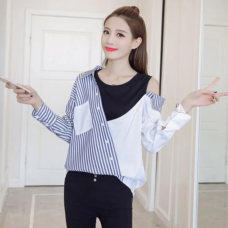 

Women Long Sleeve Strapless Spliced Shirts Buttons Korean Asymmetry Spring Striped O-Neck Long Shirts