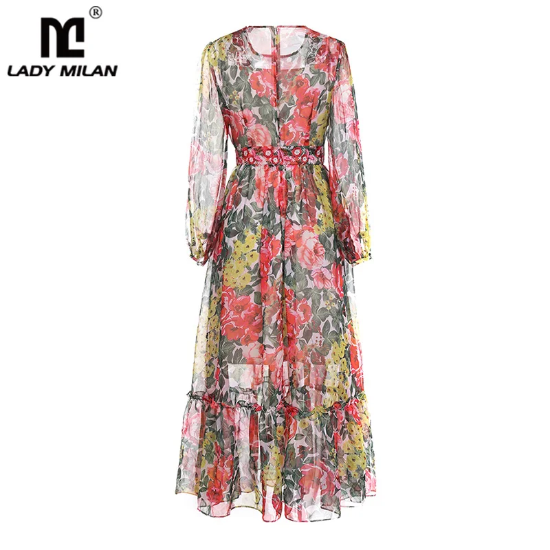 Women's 2019 Runway Dresses O Neck Long Sleeves Embroidery Floral