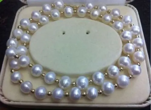 

REAL NOBLEST AAA+ 9-10MM AKOYA WHITE NATURAL PEARL NECKLACE 18" 925silver GOLD CLASP