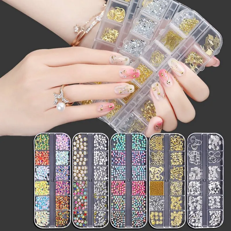 

1Case Gold Silver Hollow 3D Nail Art Decorations Mix Metal Frame Nail Rivets Shiny Charm Strass Manicure Accessories Studs