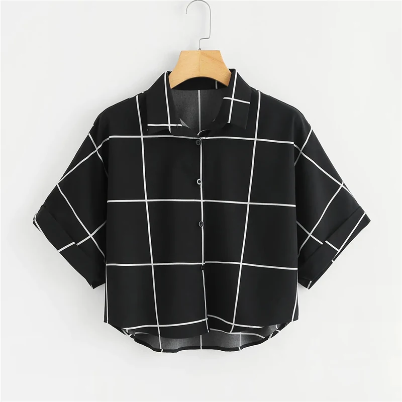 Dotfashion черно-белая рубашка в клетку с манжетами на рукавах летняя повседневная одежда с рукавами летучая мышь с планкой женская одежда топы и блузки