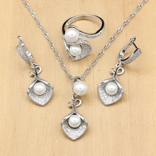 925 серебряные свадебные ювелирные наборы, белый жемчуг, циркон для женщин, свадебная подвеска, висячие серьги, открытые кольца, набор с ожерельем Morning Glory