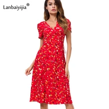 Lanbaiyijia Newest Short Puff Sleeve Summer Floral dress Sashes V-neck dress high waist Women Chiffon dress Size S M L