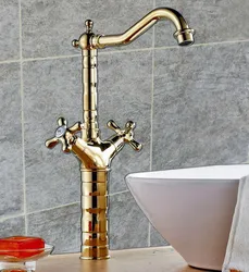 Gold Polished Brass Double Cross Handles Swivel Spout Kitchen Sink Faucet  Cold & Hot Mixer Tap asf094