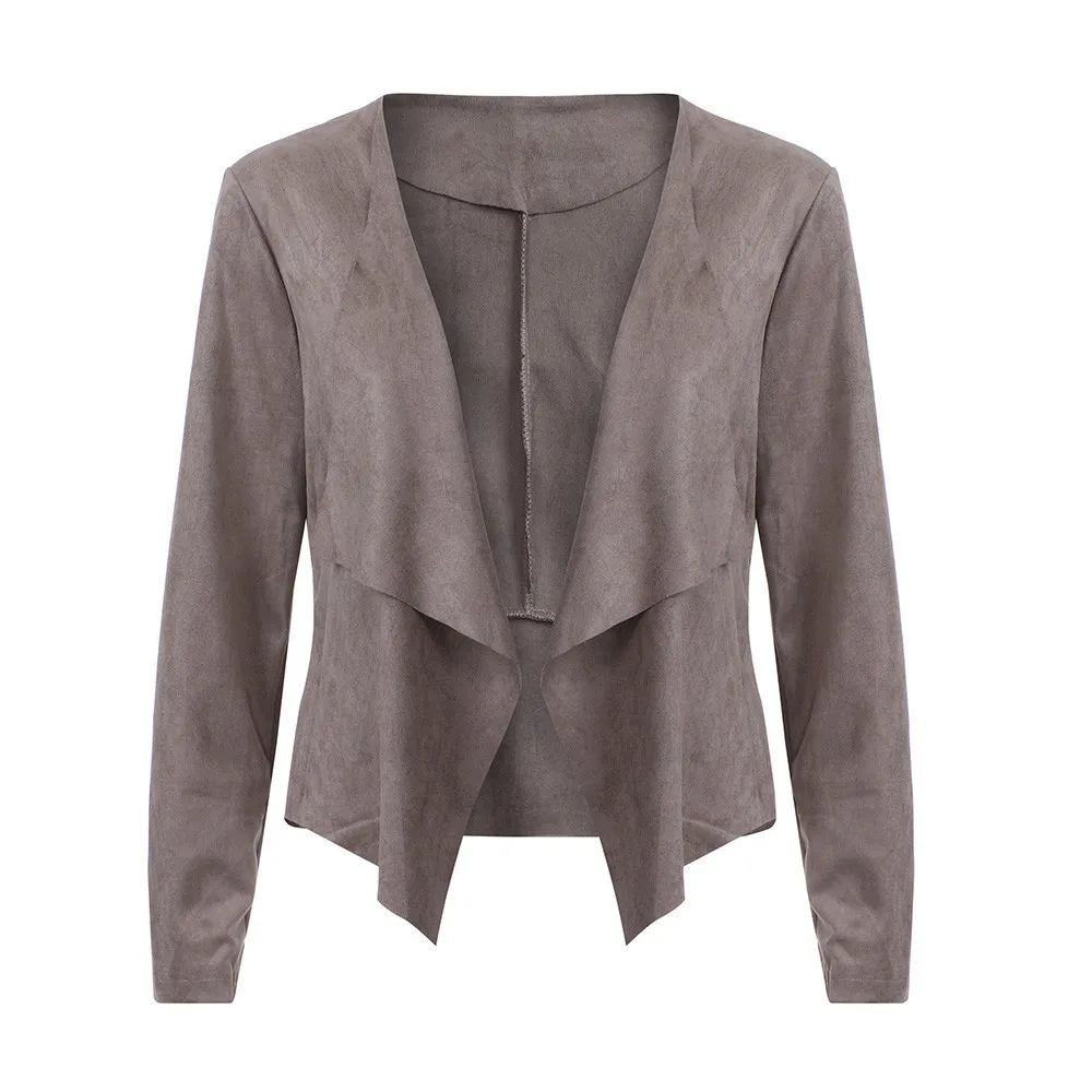 

2018 Women Elegant Autumn Irregular Long Sleeve Leather Open Front Short Cardigan Suit Jacket Work Office Coat Suede Jacket