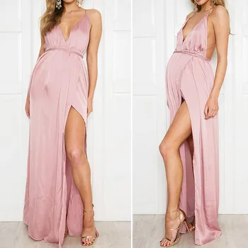 

Womens Maternity Gown Sexy Long Sleeve Solid Color High Waist Open Back Stitching Dress Pregnancy Dress Summer Vestido Gestante