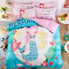 Cartoon meerjungfrau prinzessin druck blau bettwäsche 100% baumwolle Twin/Queen-Size bettbezug + bettlaken + kissenbezüge blätter