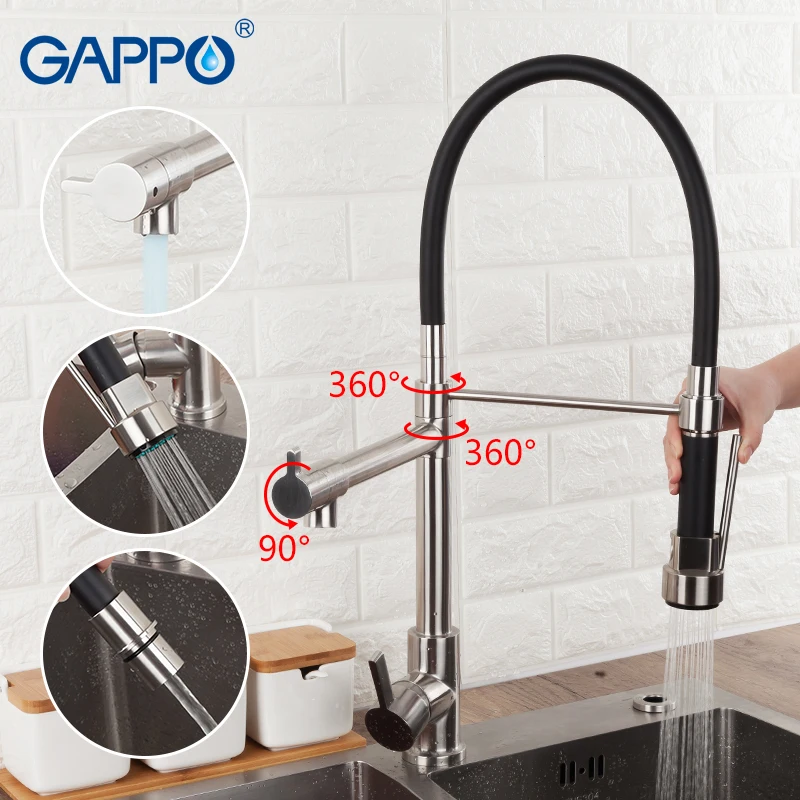 GAPPO Kitchen Faucet Water Purification Function Cold and Hot Water Mixer Solid Brass Nickle Brushed Crane Double Handle G4399-1