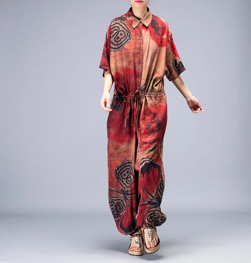 

Women Loose Printed Casual Cargo Jumpsuits Overalls Female Print Waisted Rompers Ladies 2019 Summer Pants