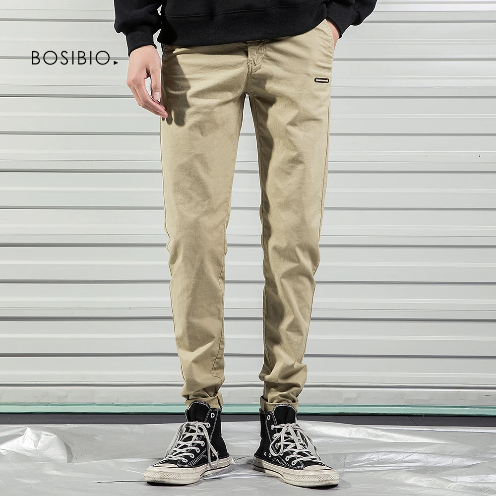 

BOSIBIO Summer Mens Casual Pants Khaki Slim Fit Cotton Trousers Male Elastic Waist Pants Size 28-38 G3513