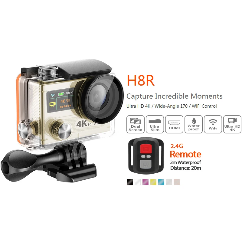 Original Ek en H8R Ultra HD Action Cameras with 4K 30FPS Resolution ,30m waterporoof 2.0' Screen cam go Sports Camera pro yi