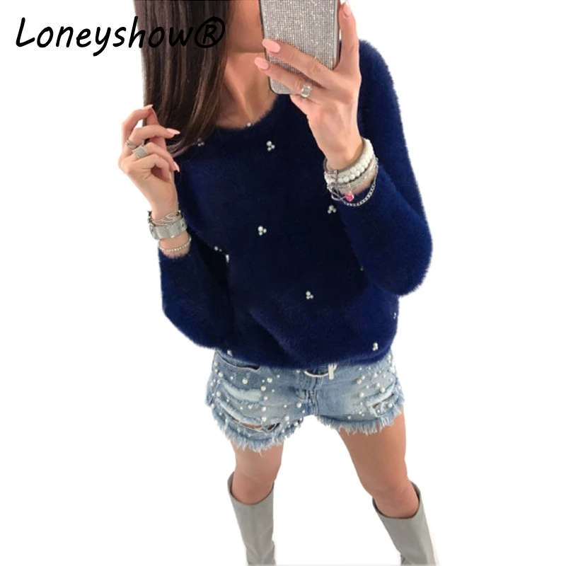

Loneyshow Warm Autumn Winter Sweater Women Jumpers Pullovers Fashion Long Sleeve Pearl Beading Knitted Sweaters pull femme Tops