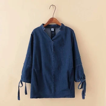 

Plus Size 5XL Stretchable Women Blouse V Neck 3/4 Sleeve Denim Shirts