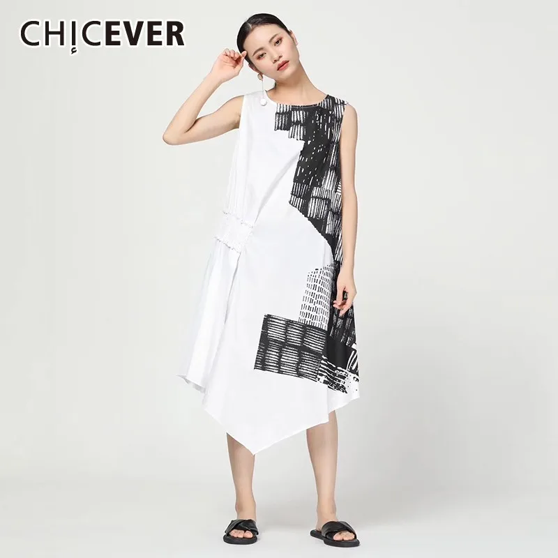 Женское платье CHICEVER Повседневное до колена с принтом и ассиметричным подолом без