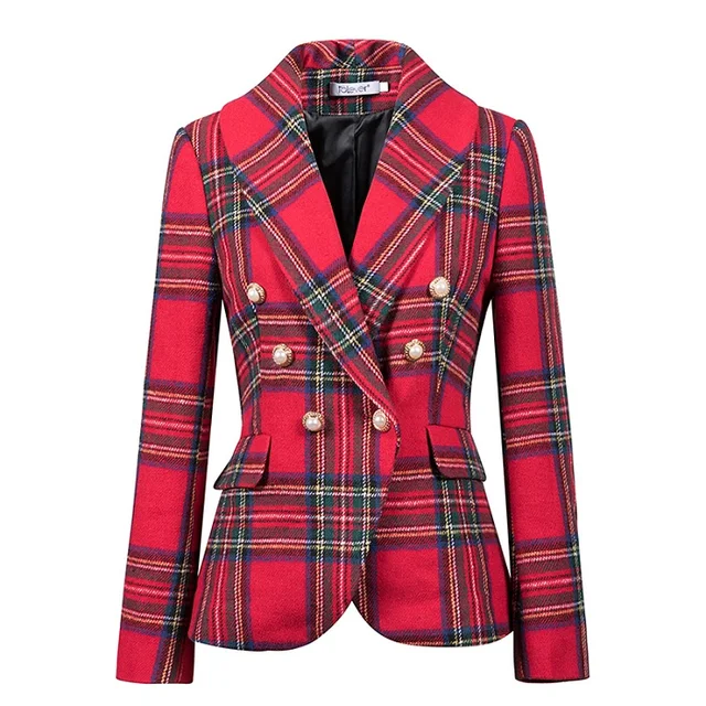 Women's Red Plaid Jacket Long Sleeve Short Double Breasted Shawl Collar Blazers Office Work Lady