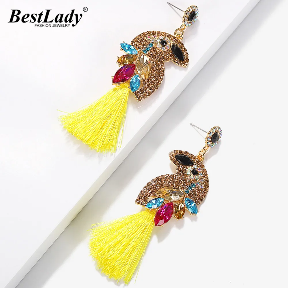 

Best lady Bohemian Shiny Glass Crystal Birds Tassel Drop Earrings Wedding Party Gift Multicolored Fringed Long Statement Earring