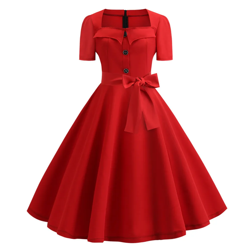 

Women Vintage Summer Dress 2019 Robe Femme 50s 60s Retro Pin Up Swing Rockabilly Vestidos Elegant Casual Red Office Party Dress
