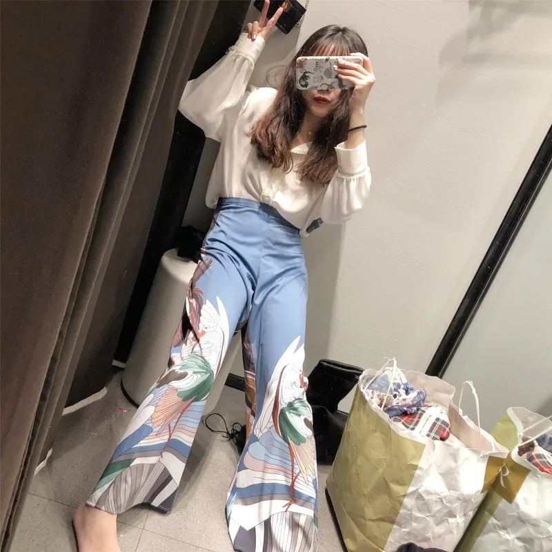 Летние свободные брюки женские с высокой талией уличная одежда в стиле хип-хоп прямые винтажные Япония стиль с волнистым краном печати широкие брюки Харадзюку