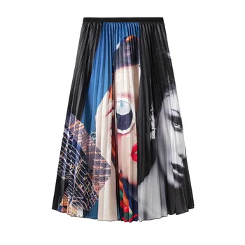 

Cartoon beauty portrait pleated skirt color letter print women skirt long swing skirts girl 8113