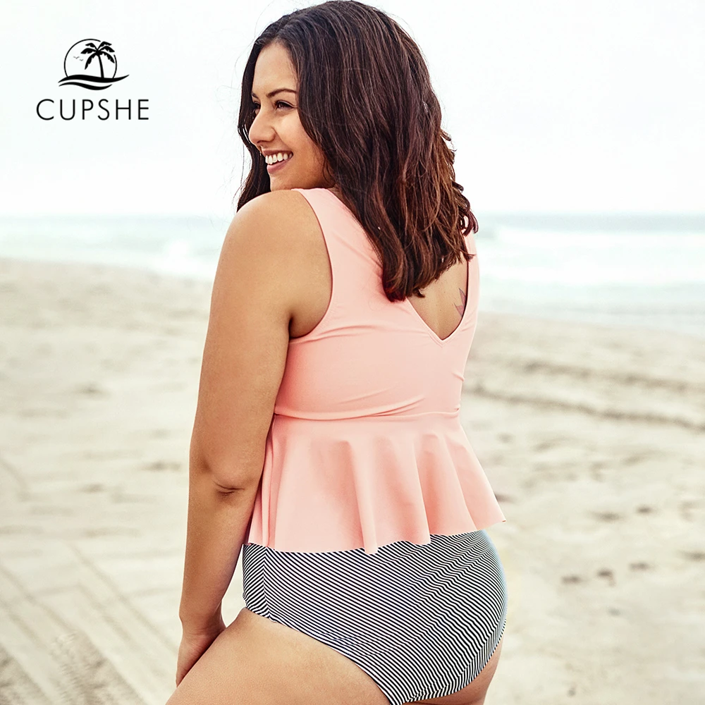 Günstig CUPSHE Plus Größe Rosa Tank Top Ruffled Bikini Sets Frauen Sexy Zwei Stück Badeanzüge 2020 Mädchen Strand Badeanzüge Bademode