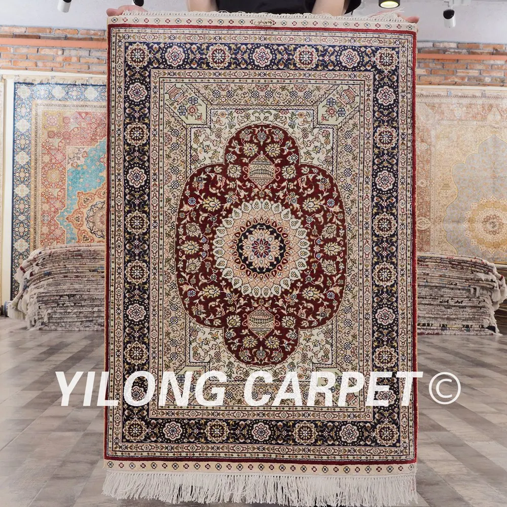 Yilong 2'x3' red handmade silk persian carpet handmade qum silk persian