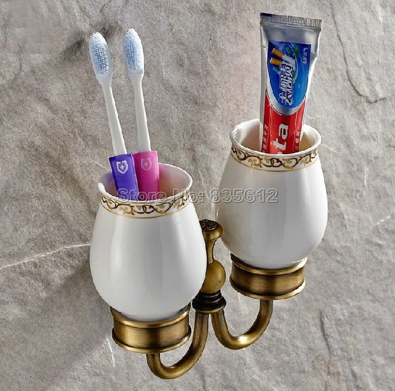 Antique Brass Wall Mounted Toothbrush Holder with Two Ceramic Cups