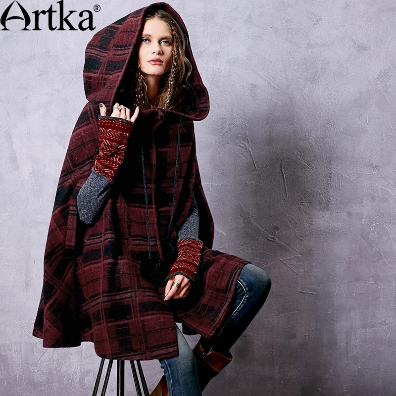 ARTKA осеннее Женское пальто с капюшоном 2018 зимнее пончо длинное красное женское