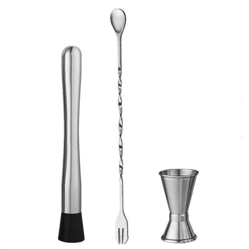 

3 pieces Stainless Steel Cocktail Muddler, Mixing Spoon, Jigger Set, Bar Tool set for Bar Party Wine Cocktail Drink Shaker #jj25