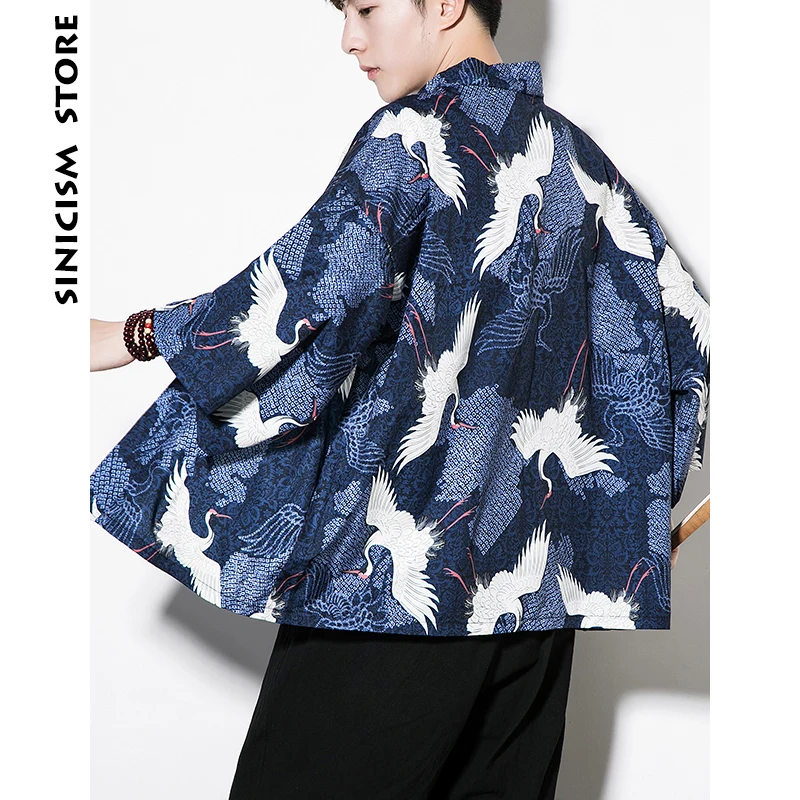 Sinicism Store Mens White Crane Print Shirts Man Summer Kimono Shirts