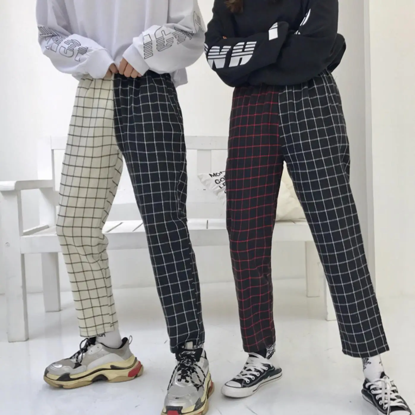 

High Waist Pants Black White Plaid Punk Joggers Sweatpants Drawstring Straight Elastics Pants Women Casual Trousers Female