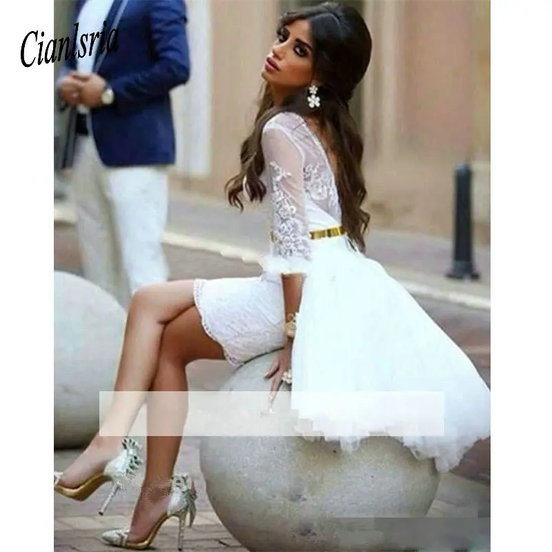 

White 2019 Elegant Cocktail Dresses Sheath 3/4 Sleeves Short Mini Lace Sash Party Plus Size Homecoming Dresses