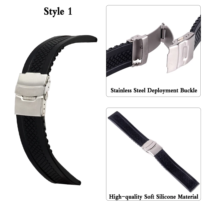 Shellhard 3Styles Sports Watch Band Waterproof Plastic Watch Band 20mm 22mm 24mm Black Watch Strap Deployment Buckle Bracelet