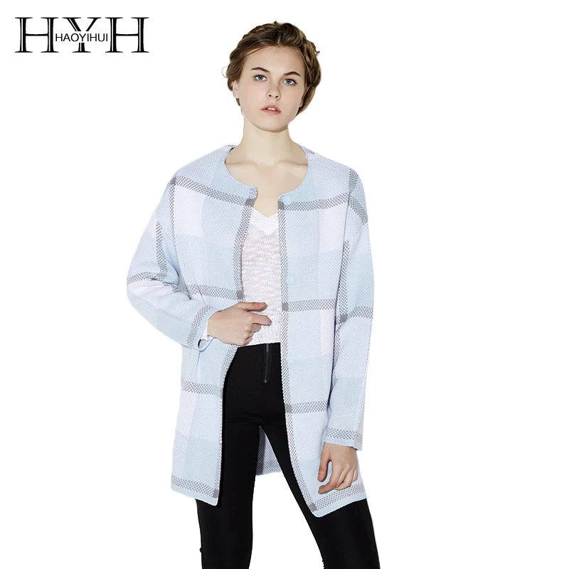 HYH HAOYIHUI 2018 Brand New Autumn Fashion Women Blue Plaid Casual Cardigan Single Button O-neck Long Sleeve coat |