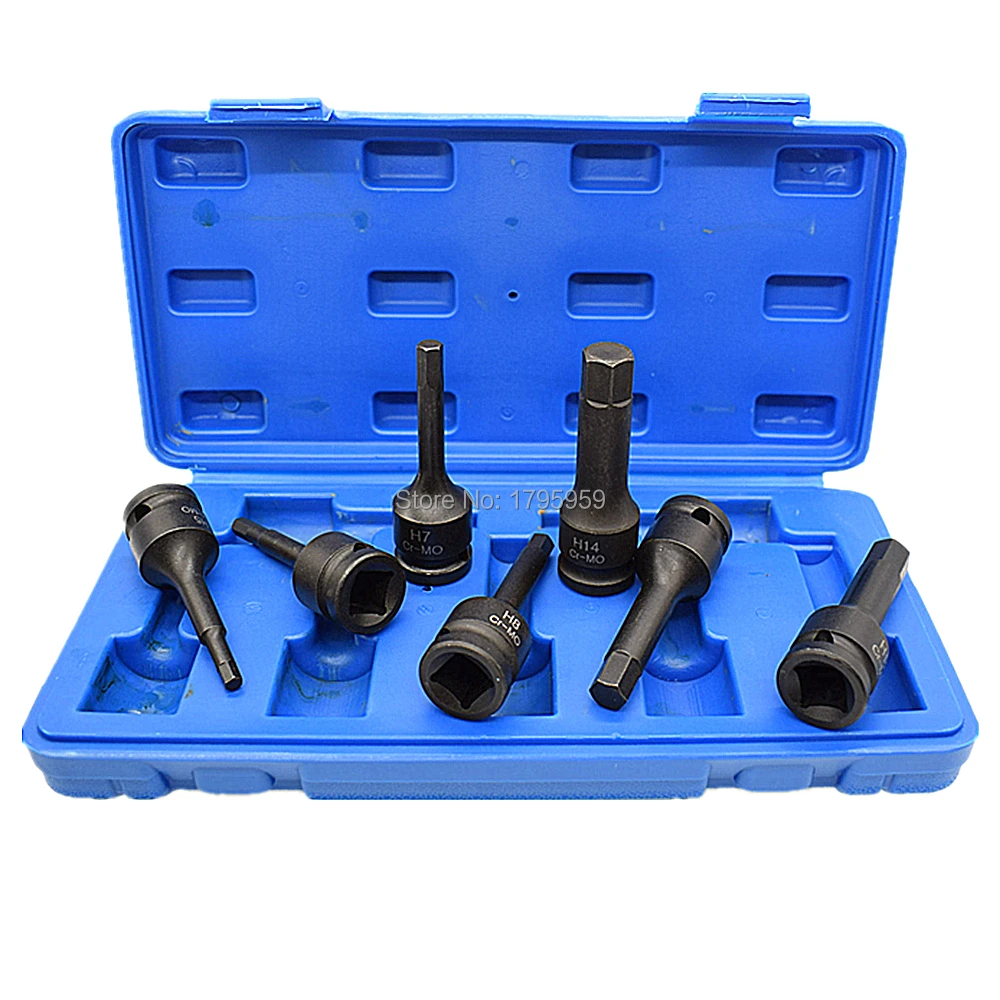 

7 Piece Hex Key Socket Set 1/2" Square Drive Impact Socket H5 H6 H7 H8 H10 H12 H14 (5mm-14mm) Cr-Mo Metric Allen Bit 78mm Long