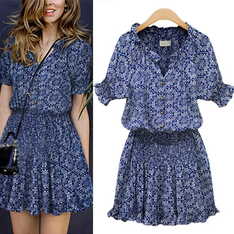 

New Popular Fashion Summer Women Lady Causal Blue Floral Dresses Elegant Mandarin Collar V-Neck Elastic Flower Print Dress