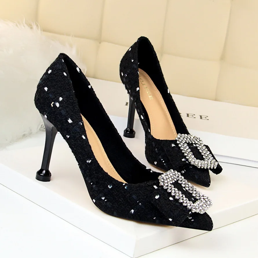 

New women's shoes wool cloth shallow mouth pointed high heel metal rhinestone buckle bow single shoes sweet high heels