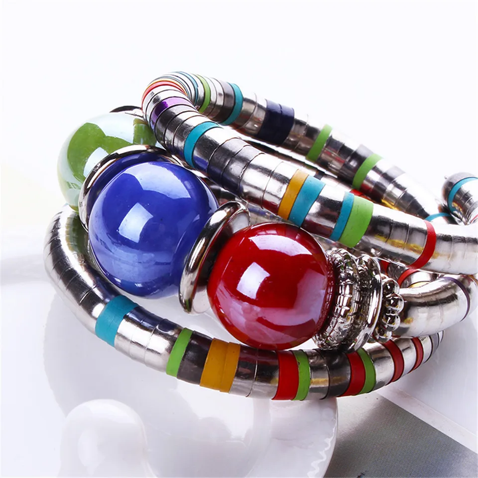 

Fashion multilayer colorful snake bracelets&bangles Resin natural stones indian roundness big beads flexible adjustable bangles
