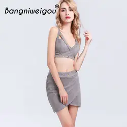 Bangniweigou Для женщин из искусственной замши металлик Eyelet Crop мини завернутый платье Двойка комплект одежды ночь костюм Тонкий Клубная одежда