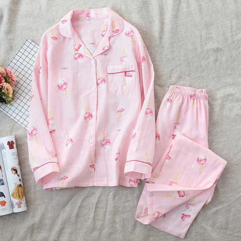 Женский пижамный комплект с принтом мороженого, марлевые Хлопковые женские пижамы, комплект из двух предметов, домашняя одежда с отложным воротником - Цвет: Pink