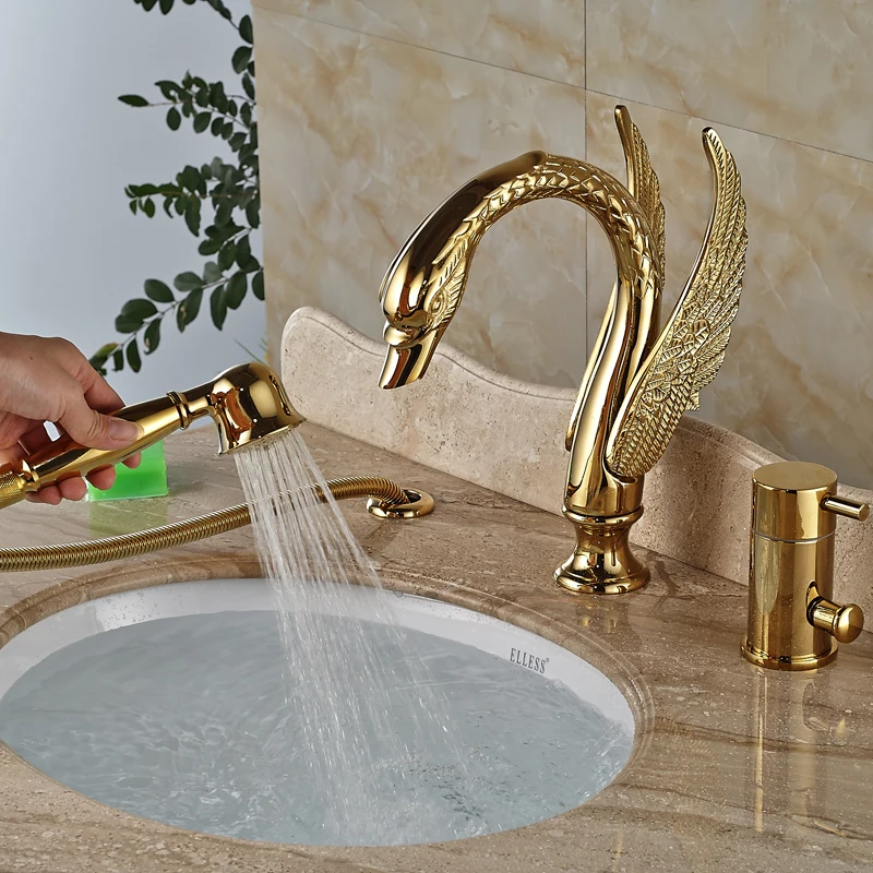 Luxury Gold Bath Faucet Swan Bathtub Mixer Taps with Pull Out Hand