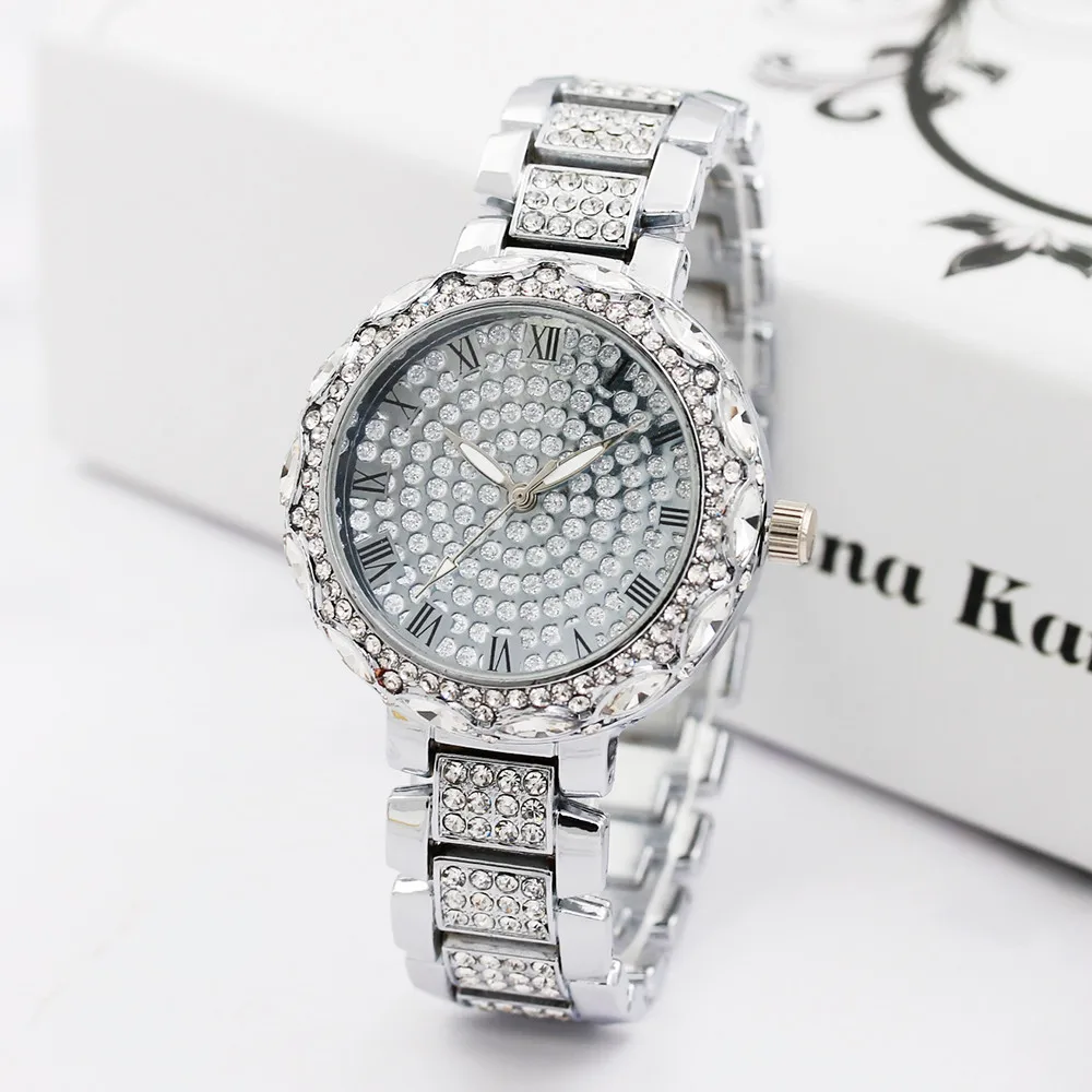 Роскошный полностью в камнях женские часы браслет из нержавеющей стали ремешок металлические кварцевые наручные часы для женщин часы Relogio