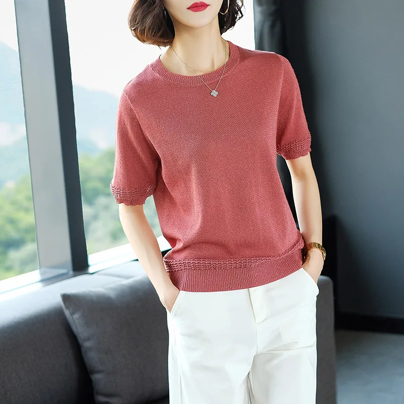 

Женская трикотажная футболка, тонкая Однотонная футболка с коротким рукавом и круглым вырезом, модель H9275 в Корейском стиле на лето