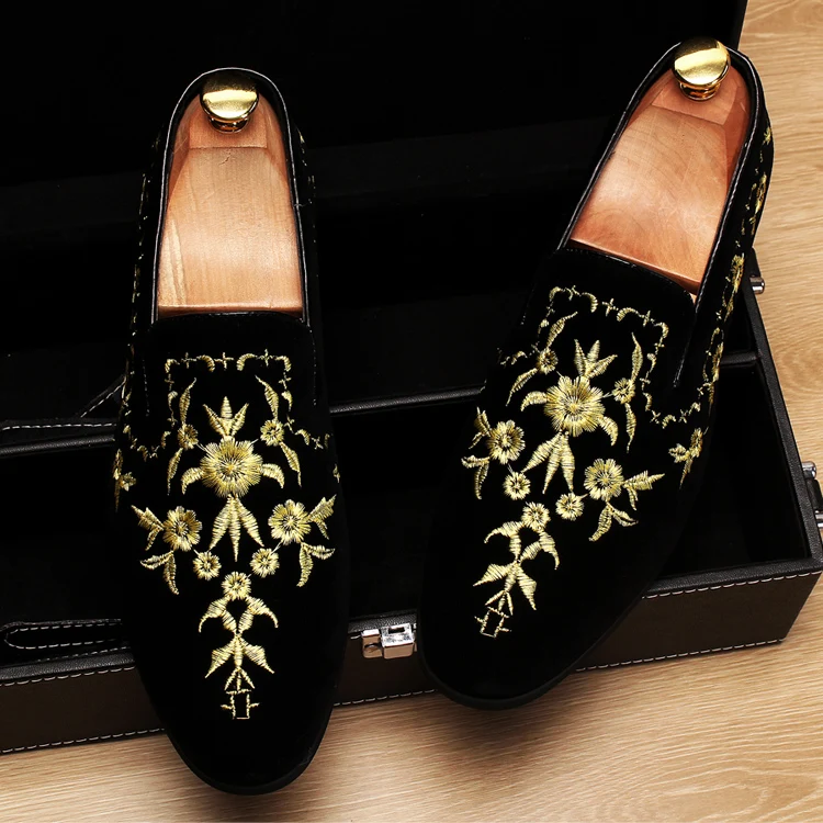 Итальянская мужская Дизайнерская обувь без застежки с золотой цветочной вышивкой; повседневные дизайнерские лоферы; замшевая обувь; размеры 38-44
