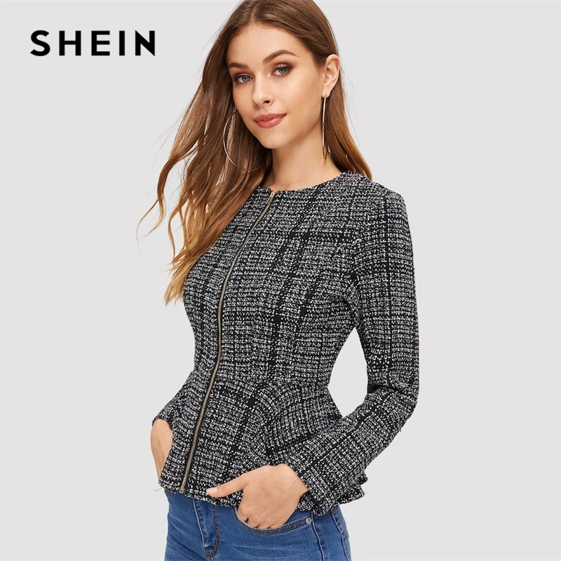Kopen SHEIN Zwart wit Zip Up Peplum Plaid Jas Weekend Casual Ronde Hals Jassen 2018 Herfst Elegante Vrouwen Jas Bovenkleding