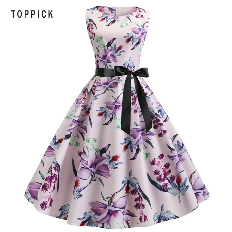 

2019 Women Summer Vintage Dress Floral Print O-Neck Sleeveless Pin Up Party Dress Vestidos Casual Elegant Rockabilly Retro Dress