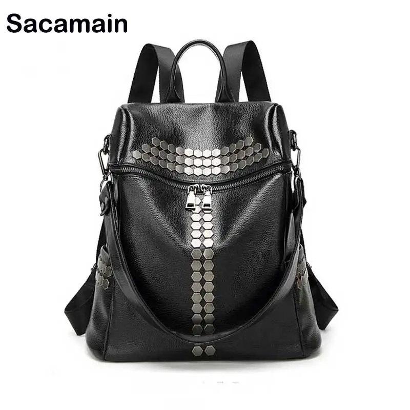 

Sacamain Brand Girls Backpack Schoolbag Women Rivet Casual Style Backpack Real Leather Multi-function Backpack Large-Capacity