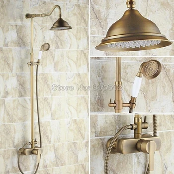 

Antique Brass Wall Mounted Rain Shower Faucet Set with Ceramic Handheld Shower & Bathroom Single Handle Mixer Taps Wrs202