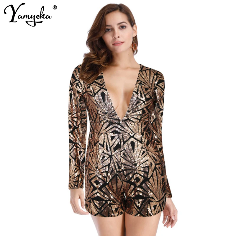 2019 New Summer Deep V Neck Long Sleeve Rompers Women Sequin Jumpsuit Sexy Short Club Party Bodycon Jumpsuits Playsuit