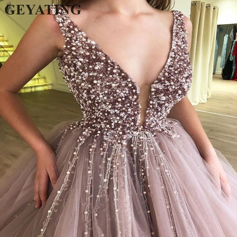 Lavender Tulle Ball Gown Evening Dress Long Dubai Arabic Prom Dresses Tassel Crystal Vestidos para 15 anos Sweet 16 Dresses